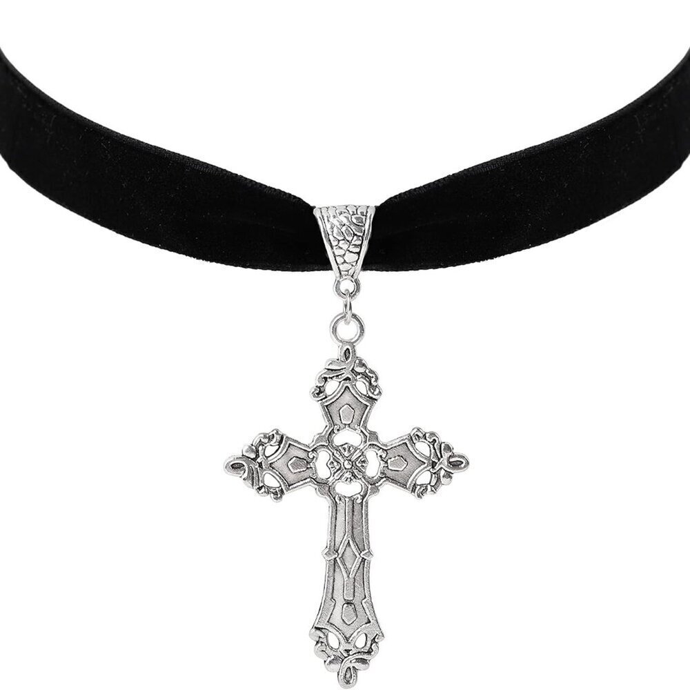 Gothic Cross Necklace Zinc Alloy Black Pendant Choker Jewelry Gift for Women - Picture 1 of 7
